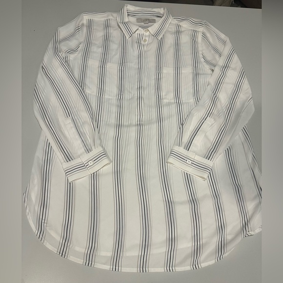 Loft Women’s Cream Striped Collared Shirt Size Large - Picture 1 of 5
